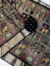 Tew Soft Bleck Dola Silk Kalamkari Design Sarees